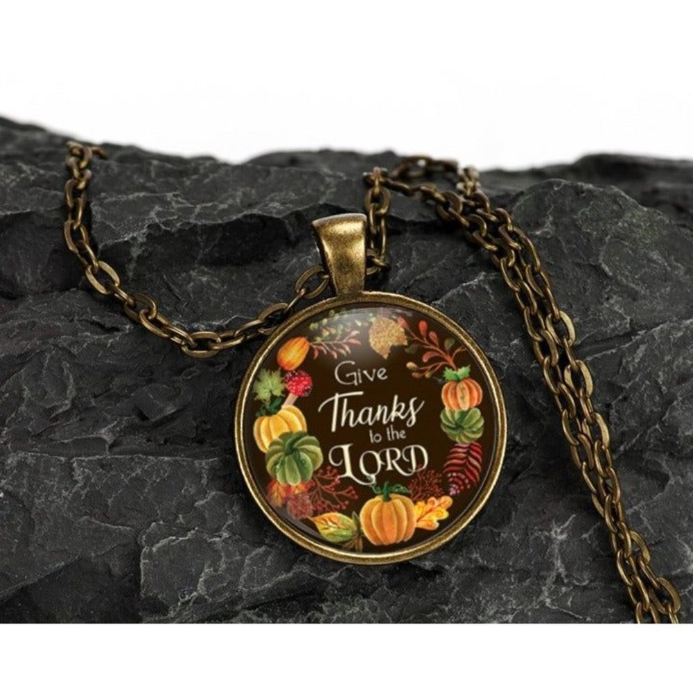 Thankful Faithful Religious Autumn Fall Bronze Glass Pendant Necklace 20 Inch